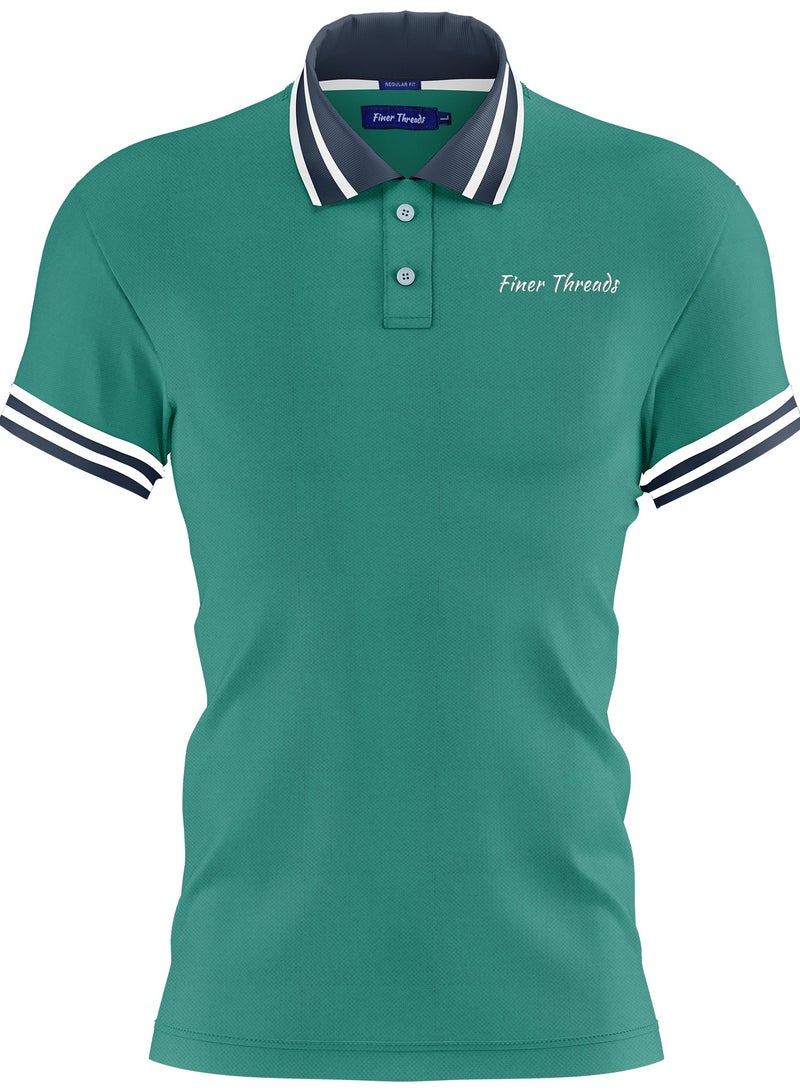 Finer Threads Green Men's Polo Shirt with Contrast Collar and Thin Stripes-Regular Fit (L) - Image 1