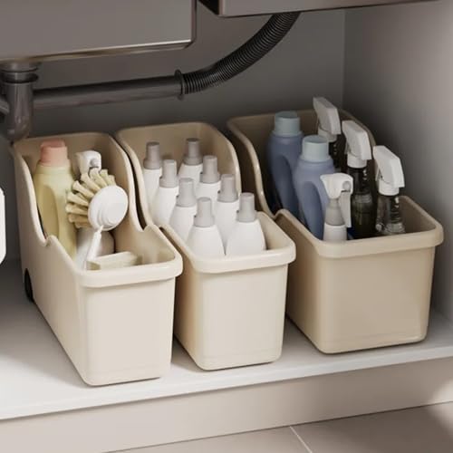 PANCA Storage Basket Set of 3 With Wheels – Multipurpose Kitchen Organizer Rack, Bathroom Storage Cabinet Box, Under Sink Organizer & Home Essentials Plastic Bins (Beige, Small/Medium/Large Sizes) - Image 5