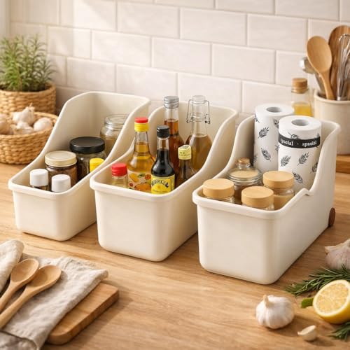 PANCA Storage Basket Set of 3 With Wheels – Multipurpose Kitchen Organizer Rack, Bathroom Storage Cabinet Box, Under Sink Organizer & Home Essentials Plastic Bins (Beige, Small/Medium/Large Sizes) - Image 1