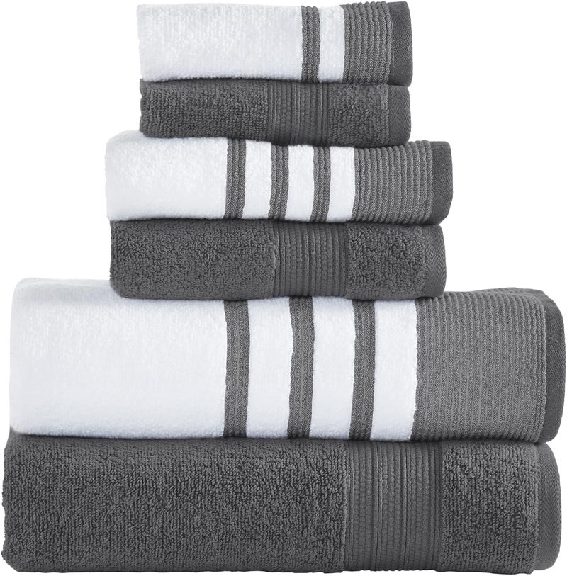 Modern Threads 6 Piece Set, 2 Bath Towels, 2 Hand Towels, 2 Washcloths, Quick Dry White/Contrast Reinhart Coal - Image 1