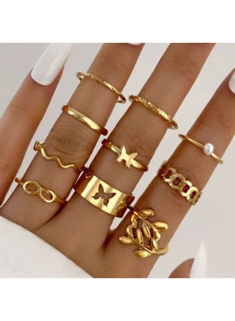 هويتك مجموعة خواتم نسائية عصرية باللون الذهبي - 10 قطع بتصاميم متنوعة - Image 1