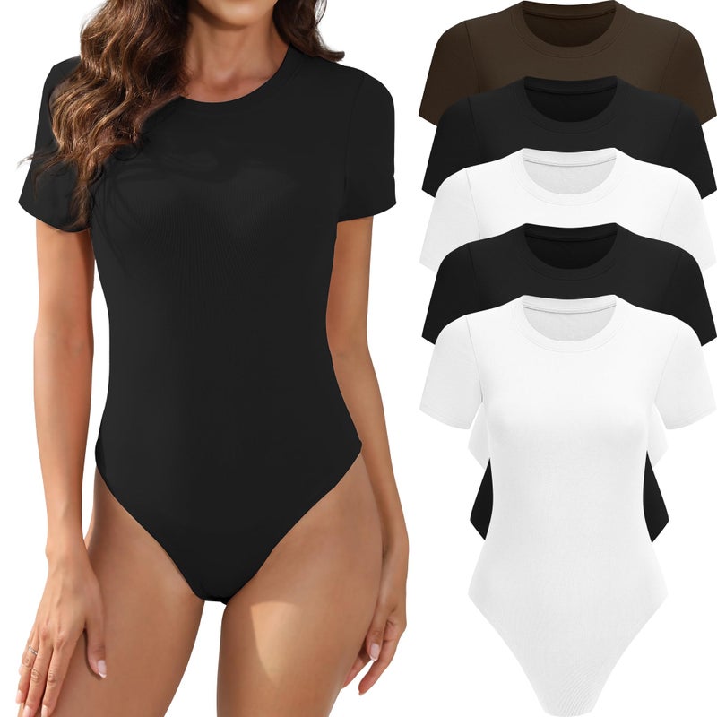 MLYENX 5 Pack Body Suits for Womens Short Sleeve Round Neck Casual Stretchy Basic T Shirt Bodysuit Tops S
