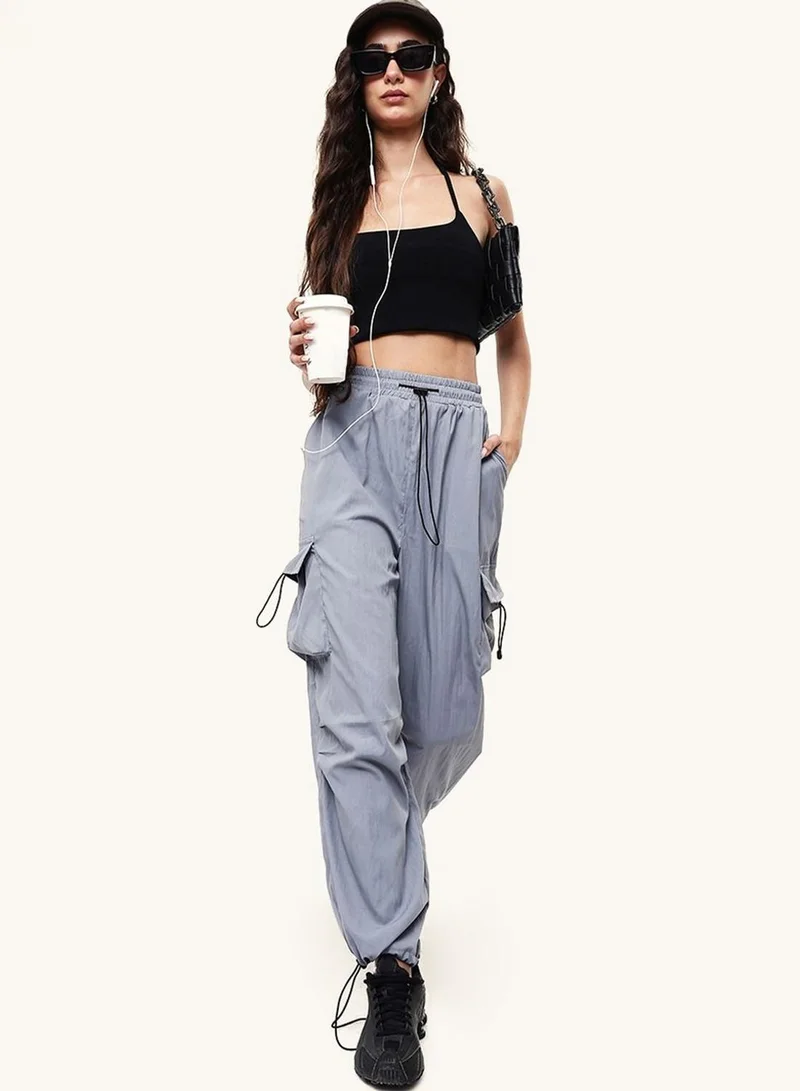 دينيس لينغو Women Grey Poly Solid Full Casual Straight Trouser