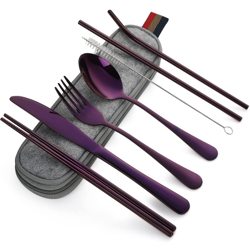 DEVICO Portable Utensils, Travel Camping Cutlery Set, 8-Piece including Knife Fork Spoon Chopsticks Cleaning Brush Straws Portable Case, Stainless Steel Flatware set (Purple) - Image 1