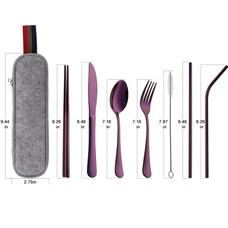 DEVICO Portable Utensils, Travel Camping Cutlery Set, 8-Piece including Knife Fork Spoon Chopsticks Cleaning Brush Straws Portable Case, Stainless Steel Flatware set (Purple) - Image 2
