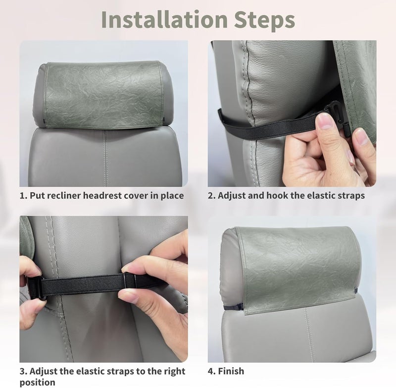 SCNK Recliner Headrest Protector-Faux Leather Headrest Covers for Recliners,Recliner Headrest Cover with Elastic Straps,Chair Headrest Cover for Recliners Protector 17 x 27 in(Gray Green) - Image 4