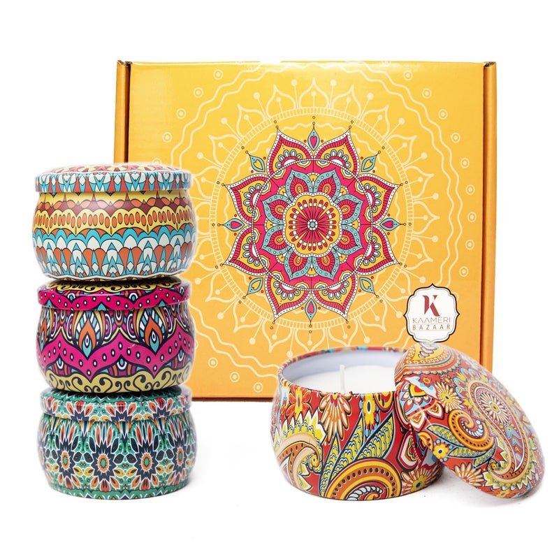 Kaameri Bazaar Scented Mandal Jar Printed Reusable Tin Candles Gift Combo for Valentine Day Anniversary Diwali Scented Pack of 4 - Image 1