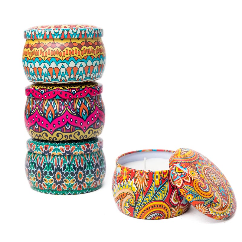 Kaameri Bazaar Scented Mandal Jar Printed Reusable Tin Candles Gift Combo for Valentine Day Anniversary Diwali Scented Pack of 4 - Image 2