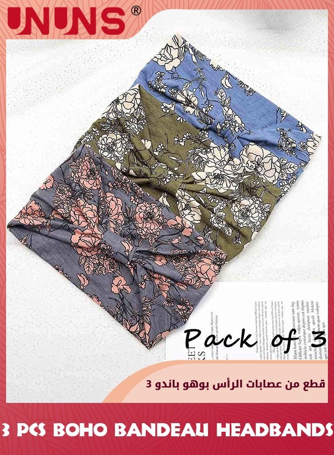 UNUNS عصابة رأس بوهو باندو، 3 قطع من وشاح الشعر العريض بعقدة، رباط شعر مطبوع عليه زهور، رباط رأس من القطن من القماش المطاطي، عمامة مرنة، غطاء رأس سميك، إكسسوارات شعر عصرية للنساء والفتيات، 3 ألوان  - Image 3
