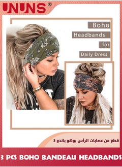 UNUNS عصابة رأس بوهو باندو، 3 قطع من وشاح الشعر العريض بعقدة، رباط شعر مطبوع عليه زهور، رباط رأس من القطن من القماش المطاطي، عمامة مرنة، غطاء رأس سميك، إكسسوارات شعر عصرية للنساء والفتيات، 3 ألوان  - Image 5