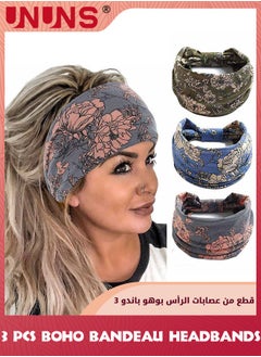 UNUNS عصابة رأس بوهو باندو، 3 قطع من وشاح الشعر العريض بعقدة، رباط شعر مطبوع عليه زهور، رباط رأس من القطن من القماش المطاطي، عمامة مرنة، غطاء رأس سميك، إكسسوارات شعر عصرية للنساء والفتيات، 3 ألوان  - Image 1