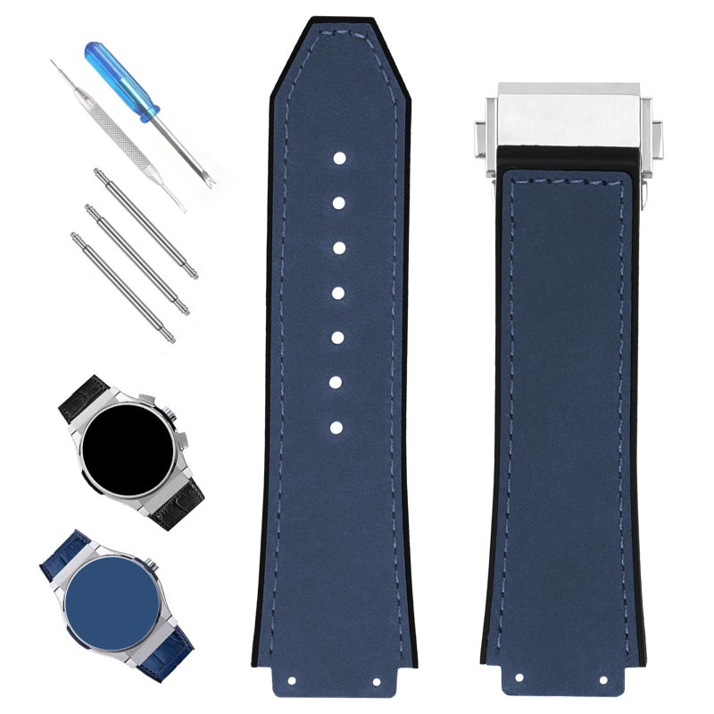 XIW Compatible for 19mm 25mm 22mm Hublot Big Bang Leather Frosted Watch Band With Stainless Steel Buckle Replacement for men Silicone Wirstband Strap women Bracelet Navy Blue - Image 2
