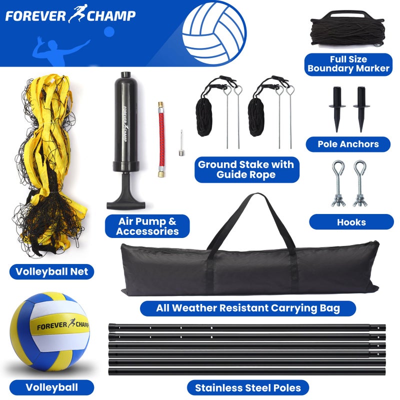 Forever Champ Volleyball Net for Backyard, Beach, Home, Includes 32x3 Ft Regulation Size Net, 8.5-Inch PU Volleyball, Carrying Bag, Boundary Lines, Steel Poles & Pump, Portable Volleyball Net Outdoor - Image 2