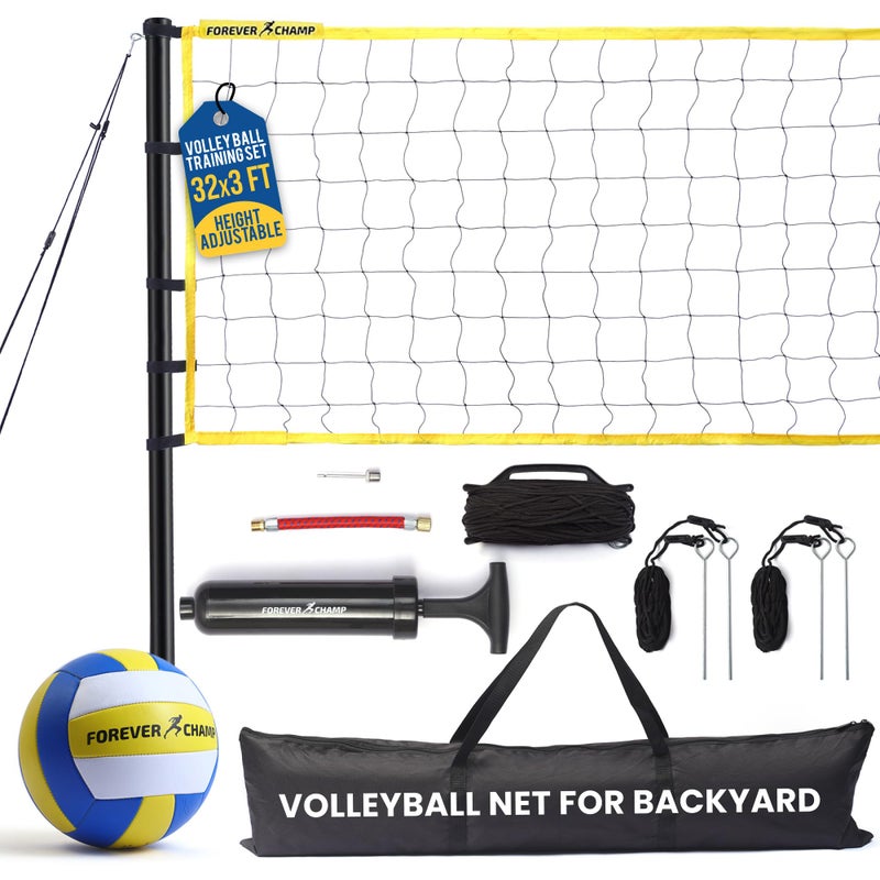 Forever Champ Volleyball Net for Backyard, Beach, Home, Includes 32x3 Ft Regulation Size Net, 8.5-Inch PU Volleyball, Carrying Bag, Boundary Lines, Steel Poles & Pump, Portable Volleyball Net Outdoor - Image 1