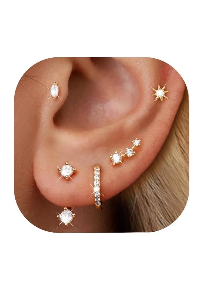 YEEZII Gold Stud Earrings Set for Women - 6 Pairs 14K Gold Plated Hypoallergenic Cartilage Earrings - Image 1