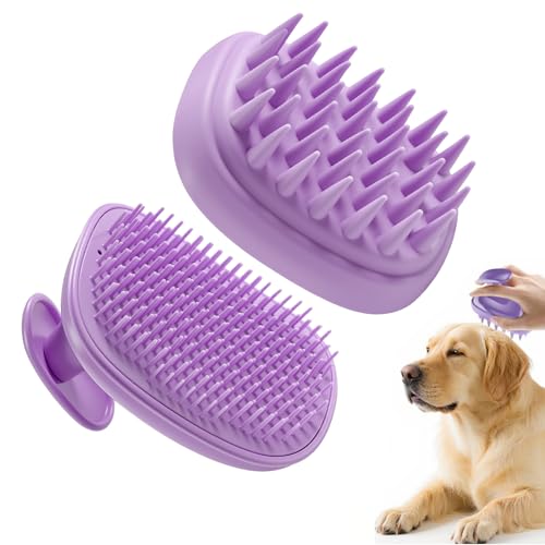 Peehss 2-in-1 Dog Bath Brush for Grooming & Massage - Pet Silicone Brush for Long & Short Haired Dogs and Cats, Dog Scrubber for Bath, Rubber Curry Brush, Use Wet as Bath Brush or Dry for Grooming-Purple - Image 1