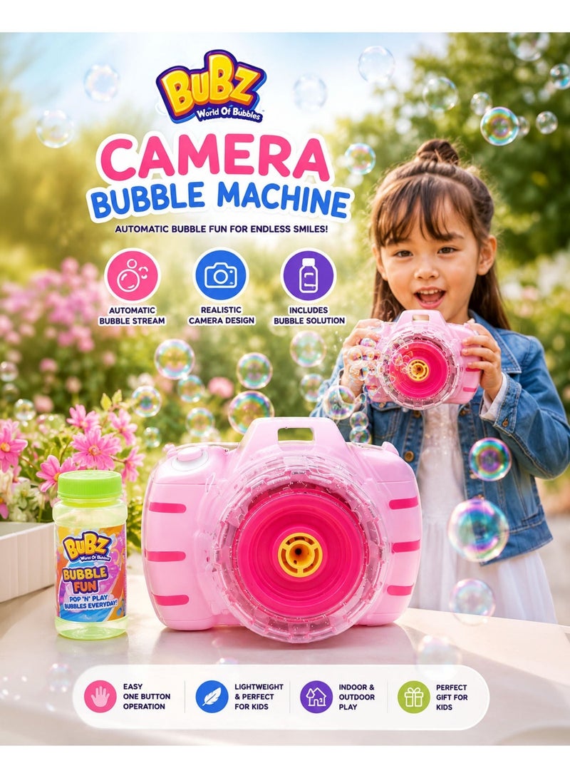 BUBZ Camera Style Bubble Gun Toy for Kids Automatic Bubble Machine with Continuous Bubble Stream Realistic Camera Design Portable Bubble Blaster with Lights Music Bubble Solution Included for Outdoor Indoor Party Birthday Summer Fun Pink - Image 1