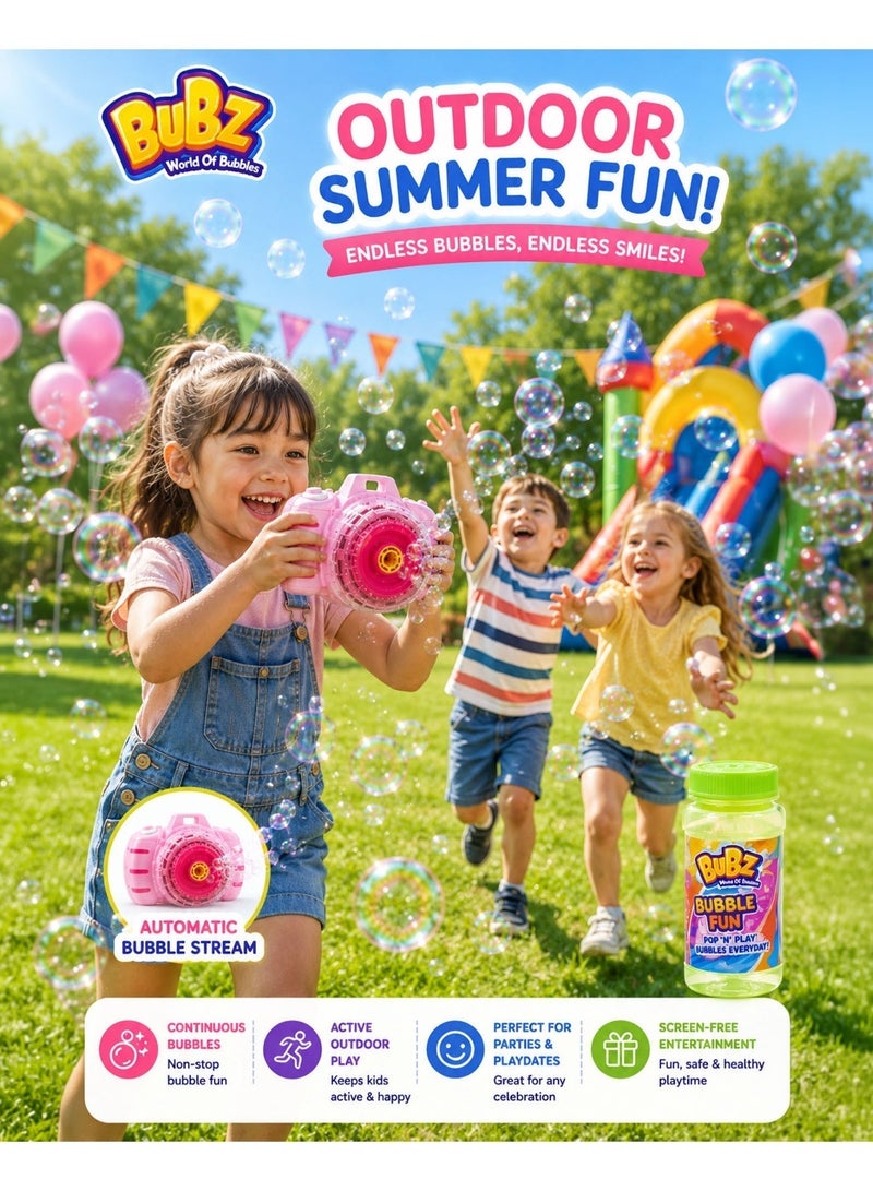 BUBZ Camera Style Bubble Gun Toy for Kids Automatic Bubble Machine with Continuous Bubble Stream Realistic Camera Design Portable Bubble Blaster with Lights Music Bubble Solution Included for Outdoor Indoor Party Birthday Summer Fun Pink - Image 5