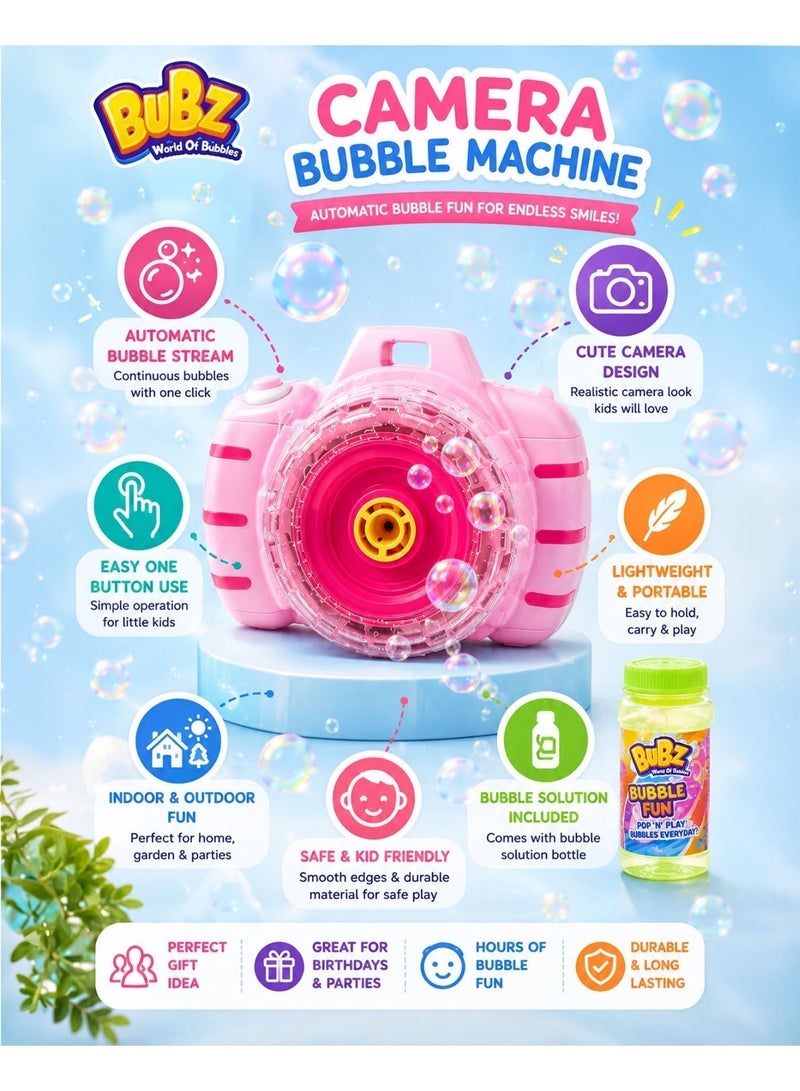 BUBZ Camera Style Bubble Gun Toy for Kids Automatic Bubble Machine with Continuous Bubble Stream Realistic Camera Design Portable Bubble Blaster with Lights Music Bubble Solution Included for Outdoor Indoor Party Birthday Summer Fun Pink - Image 2