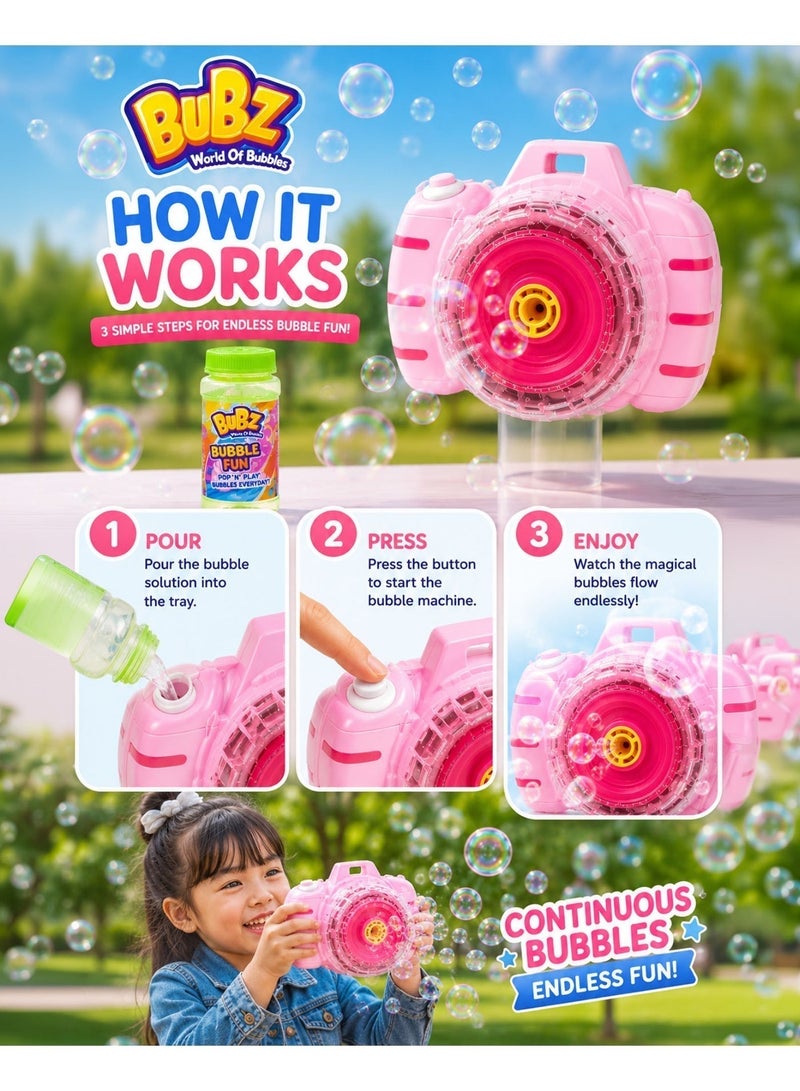 BUBZ Camera Style Bubble Gun Toy for Kids Automatic Bubble Machine with Continuous Bubble Stream Realistic Camera Design Portable Bubble Blaster with Lights Music Bubble Solution Included for Outdoor Indoor Party Birthday Summer Fun Pink - Image 3