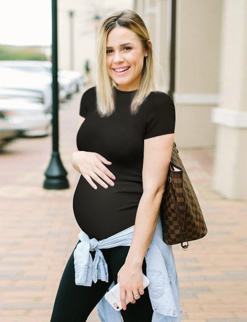Peauty Maternity Shirts Casual Work Black Maternity Tshirts Pregnancy Tops for Women Short Sleeves Petite Clothes (Black S) - Image 2