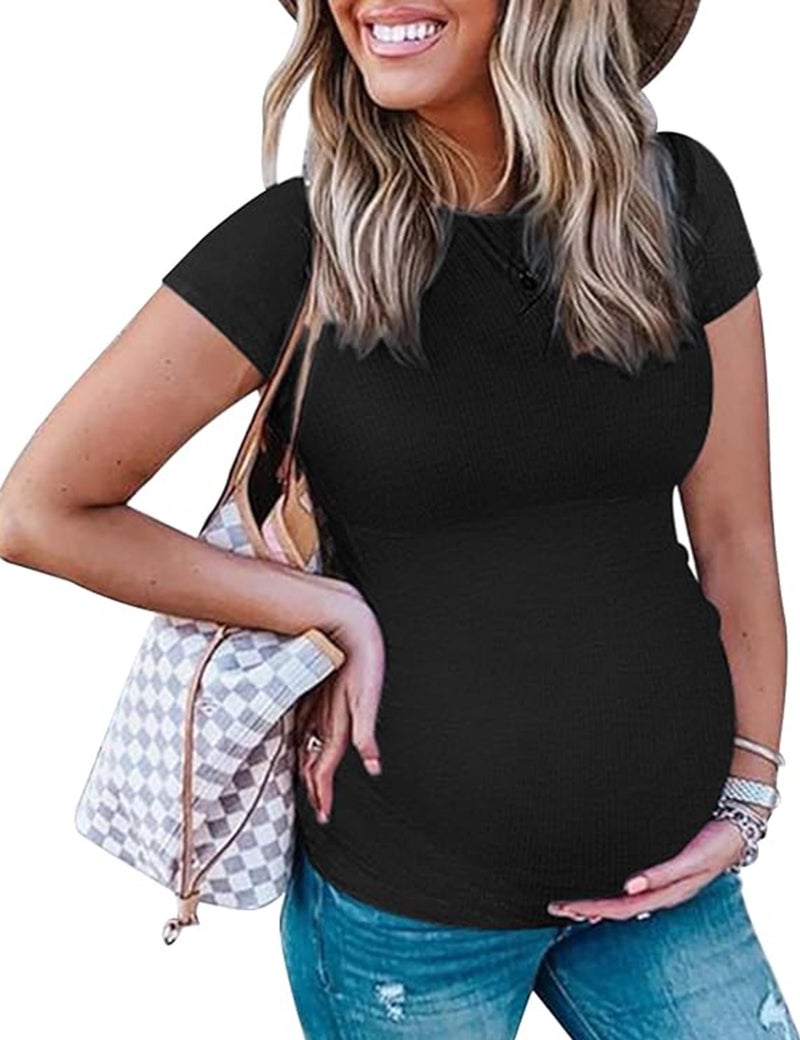 Peauty Maternity Shirts Casual Work Black Maternity Tshirts Pregnancy Tops for Women Short Sleeves Petite Clothes (Black S) - Image 1