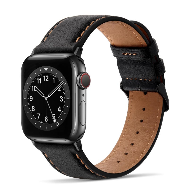 Tasikar Bands Compatible with Apple Watch Band 49mm 46mm 45mm 44mm 42mm Men Genuine Leather Replacement Bands Compatible with Apple Watch Ultra 2 SE Series 10 9 8 7 6 5 4 3 2 1, Black - Image 1