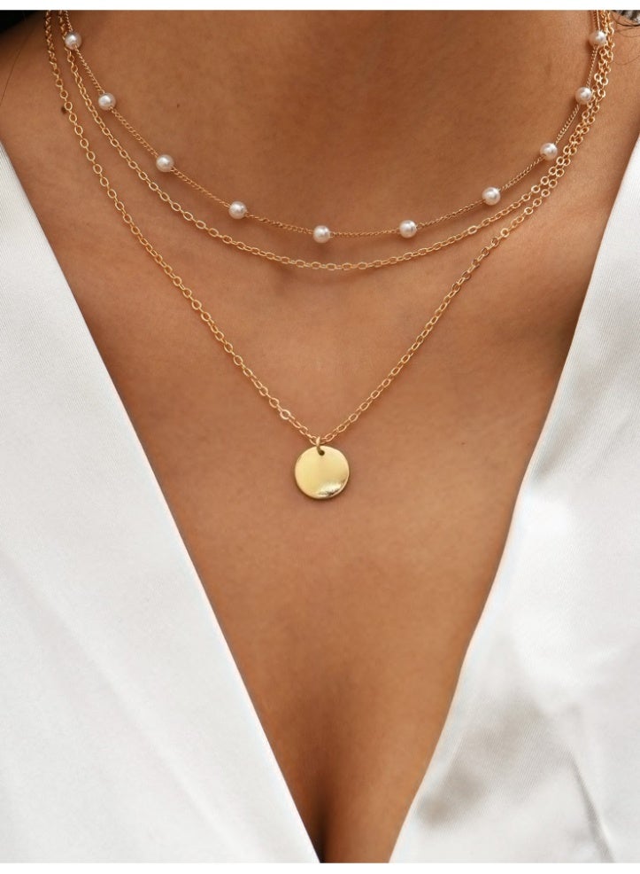 Multi-Layer Faux Pearl Round Disc Necklace Set  – Elegant Women’s Jewelry - Image 1