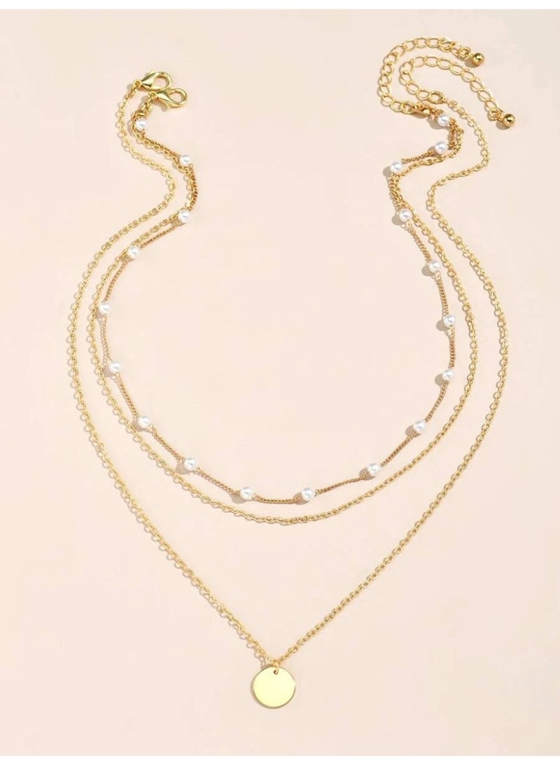 Multi-Layer Faux Pearl Round Disc Necklace Set  – Elegant Women’s Jewelry - Image 2