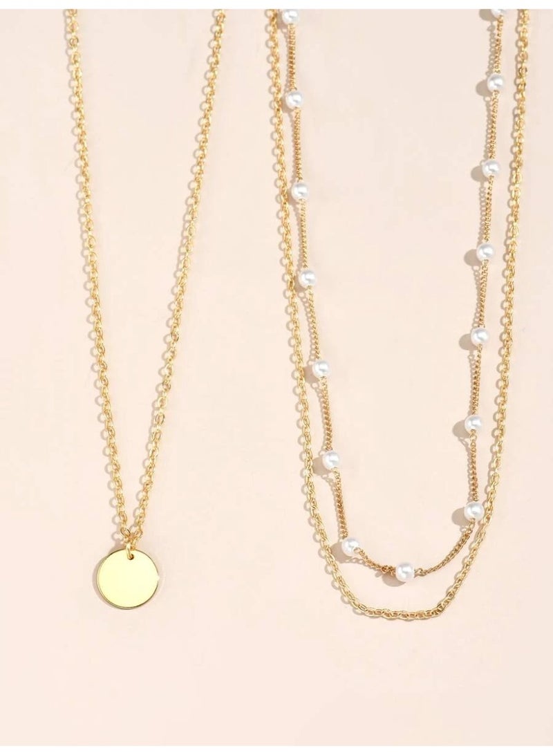 Multi-Layer Faux Pearl Round Disc Necklace Set  – Elegant Women’s Jewelry - Image 3