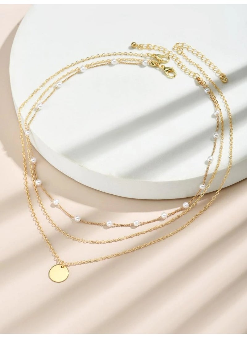 Multi-Layer Faux Pearl Round Disc Necklace Set  – Elegant Women’s Jewelry - Image 4
