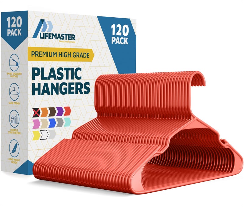 Lifemaster Plastic Clothes Hangers â€“ Heavy Duty Hanger Set, for Organizing Clothes, Dresses, and Coat, Holds Up to 5 lbs, Space-Saving Hangers with Non-Slip Shoulder Grooves, Pack of 120, Red - Image 1