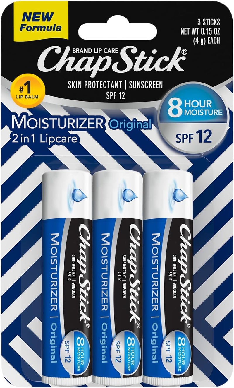 chapstick ChapStick SPF Lip Balm 3-Pack – Original 2-in-1 Lipcare with SPF 12, Ultra Hydrating Formula with Aloe Vera and Vitamin E, 0.15 Oz Ea