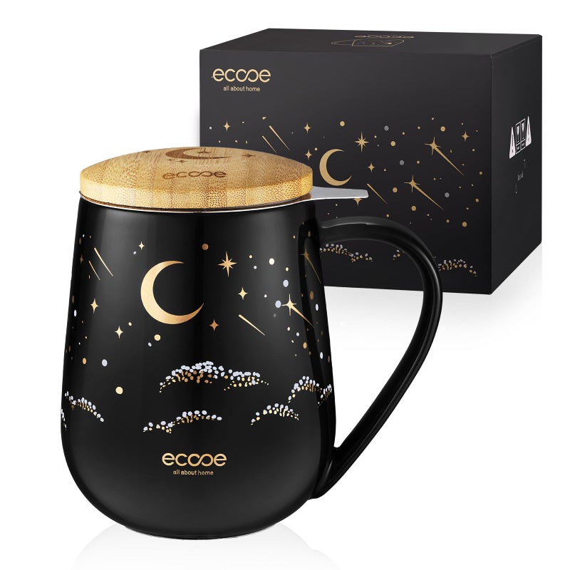ecooe Tea Infuser Mug 20.3oz Ceramic Tea Cup with Removable Stainless Steel Infuser and Lid, 600ml Tea Mug for Loose Leaf Tea Coffee Milk, Gifts for Women Parents Friends Office Home (Black) - Image 2