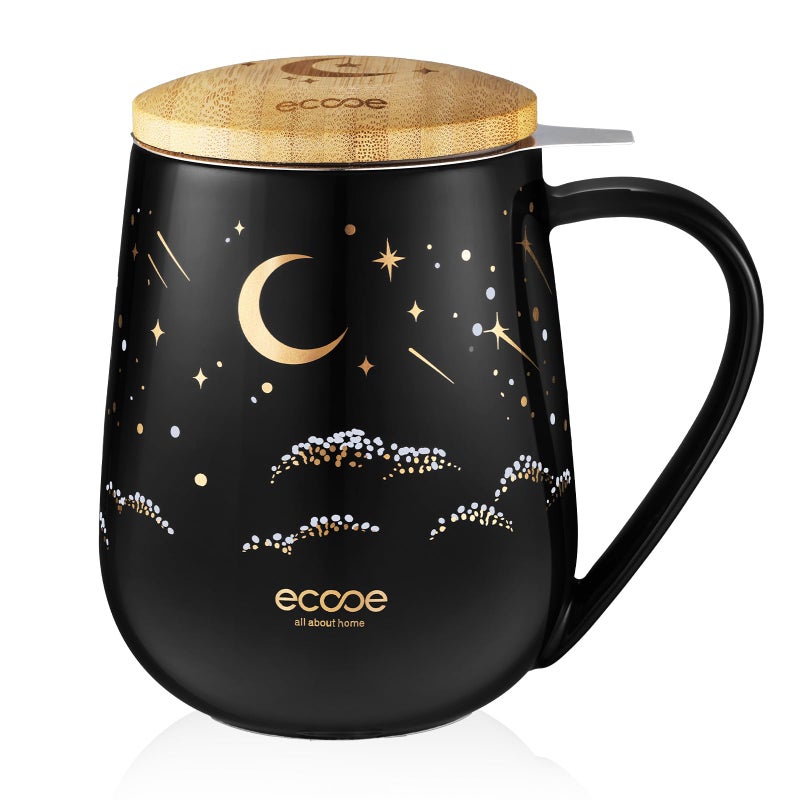 ecooe Tea Infuser Mug 20.3oz Ceramic Tea Cup with Removable Stainless Steel Infuser and Lid, 600ml Tea Mug for Loose Leaf Tea Coffee Milk, Gifts for Women Parents Friends Office Home (Black) - Image 1