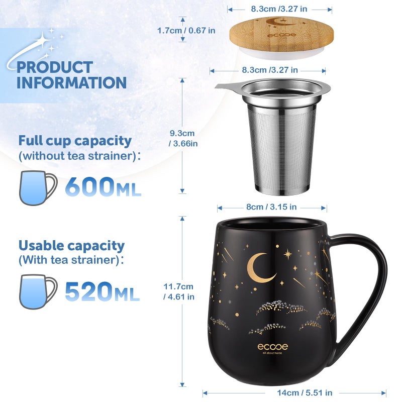 ecooe Tea Infuser Mug 20.3oz Ceramic Tea Cup with Removable Stainless Steel Infuser and Lid, 600ml Tea Mug for Loose Leaf Tea Coffee Milk, Gifts for Women Parents Friends Office Home (Black) - Image 3
