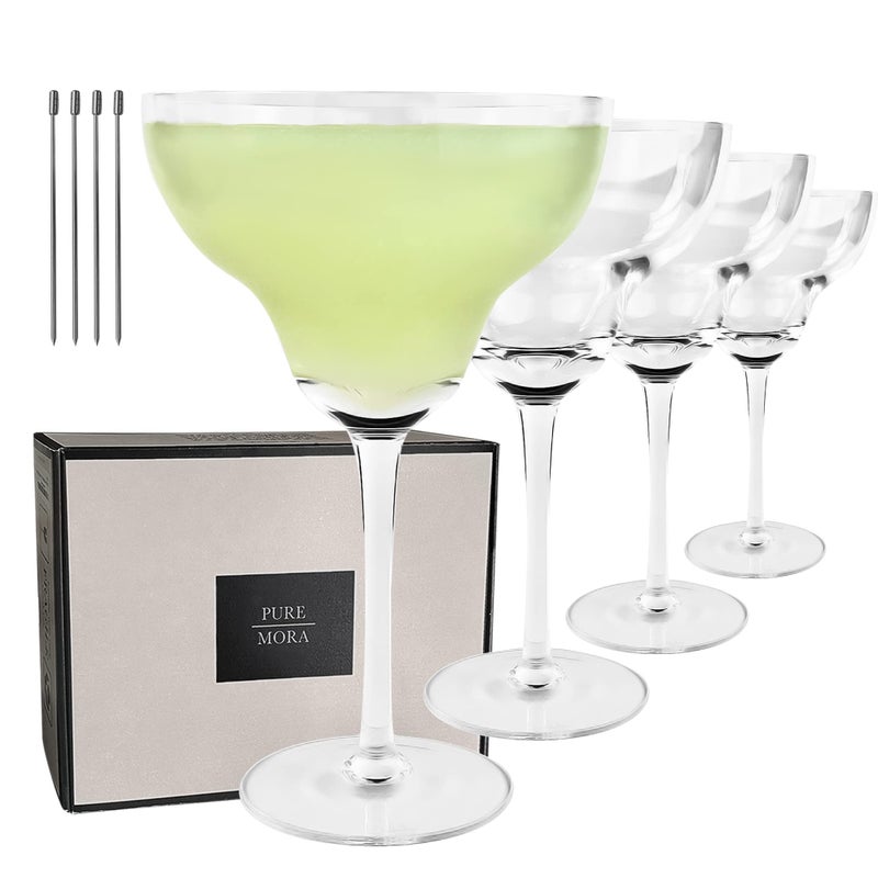 MORA PURE Margarita Glasses Set of 4 12 oz Modern Bar Glass for Martini Frozen Daiquiri Tropical Summer Parties Classic Coupe Cocktail Drinkware Great Gift for Mixologists Hand Blown Crystal