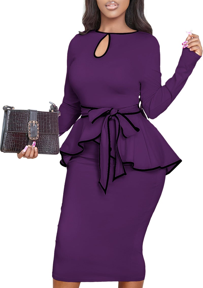 Yiershu Women Dress Elegant Peplum Business Dresses Sexy Split Long Sleeve Bodycon Knee Length Formal Pencil Back Zipper Dress(Purple,XL) - Image 2