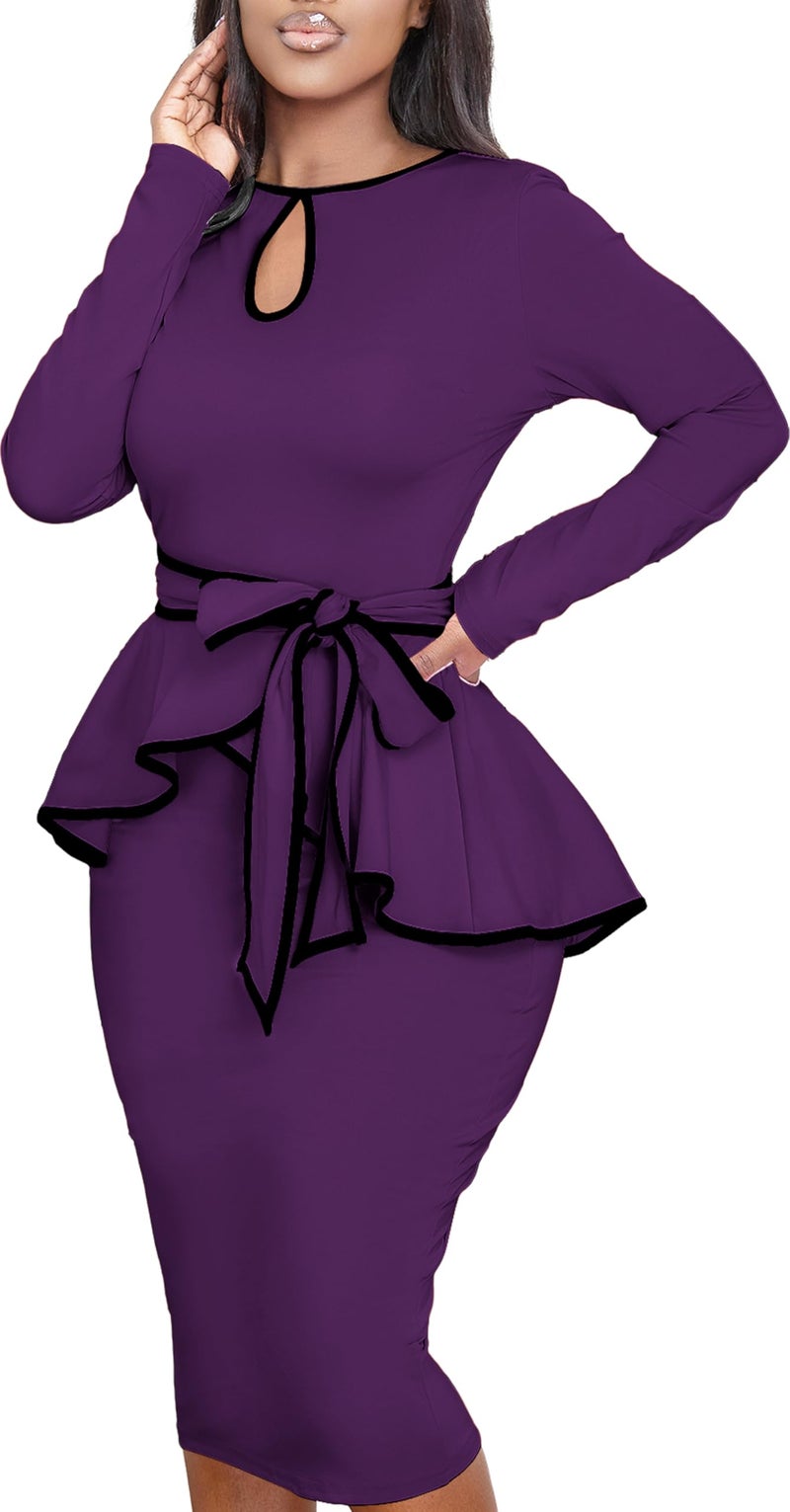 Yiershu Women Dress Elegant Peplum Business Dresses Sexy Split Long Sleeve Bodycon Knee Length Formal Pencil Back Zipper Dress(Purple,XL) - Image 3