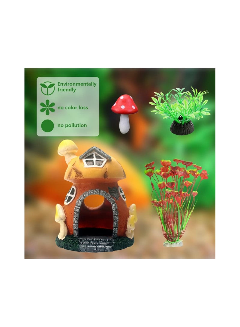 Aquarium Decorations Set with Mushroom House, Artificial Aquatic Plants, and Cave Ornaments for Betta Fish Hideouts - 4 Pieces for Round or Square Fish Tanks. - Image 4