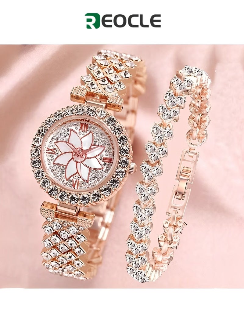 ريوكل طقم ساعة نسائية مرصعة بالألماس مع سوار وساعة مرصعة بالكريستال الفاخر، أفضل الهدايا للأصدقاء والصديقات - Image 1