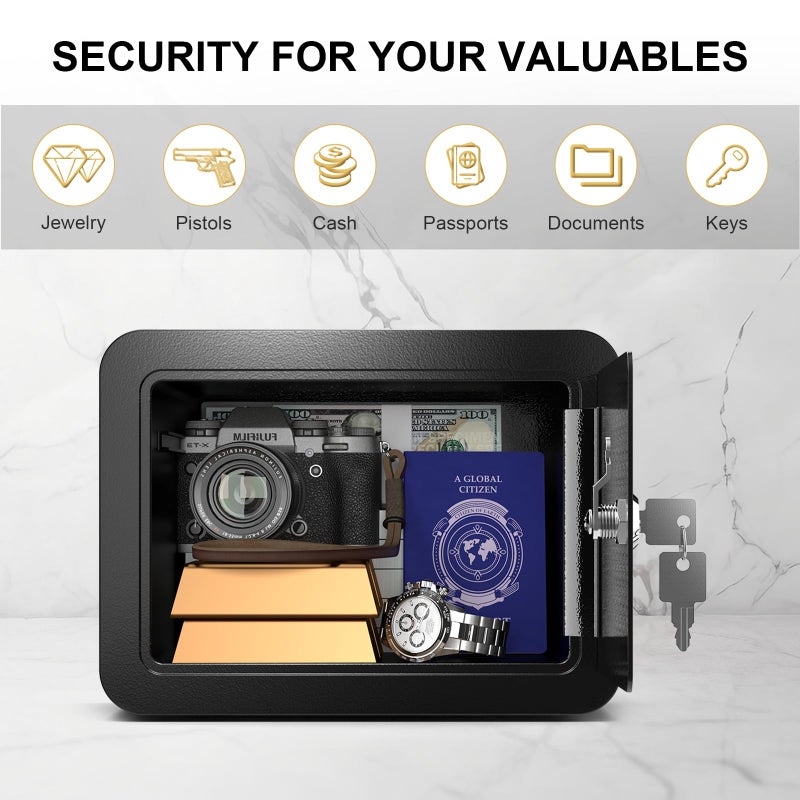 Marcree 0.23 Cub Safe, Small Safe Box with Key, Mini Home Safes for Money, Coin and Cash, Security Safes for Kids, Lock Box for Personal Items, Black, 6.69 x 9.06 x 6.69 Inches - Image 5