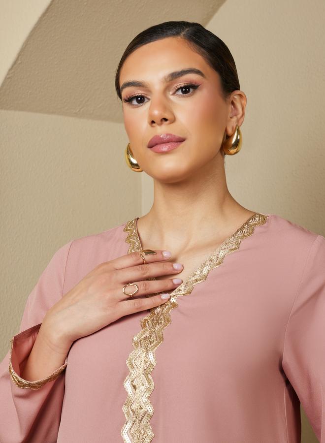 Styli Sequin Embellished V-Neck Flared Jalabiya - Image 4