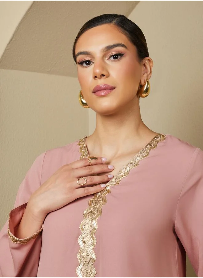 ستايلي Sequin Embellished V-Neck Flared Jalabiya