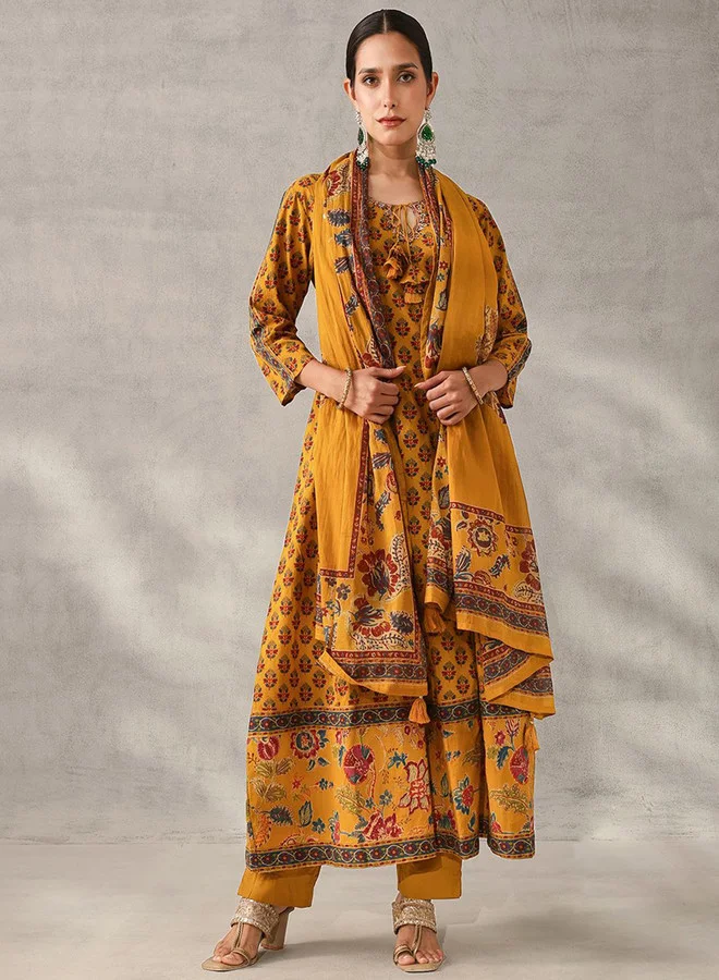 ISHIN Women's Mustard Cotton Self Designed Tunic Upper Full Length Palazzo Bottom Regular Fit 3 Piece Kurta Set