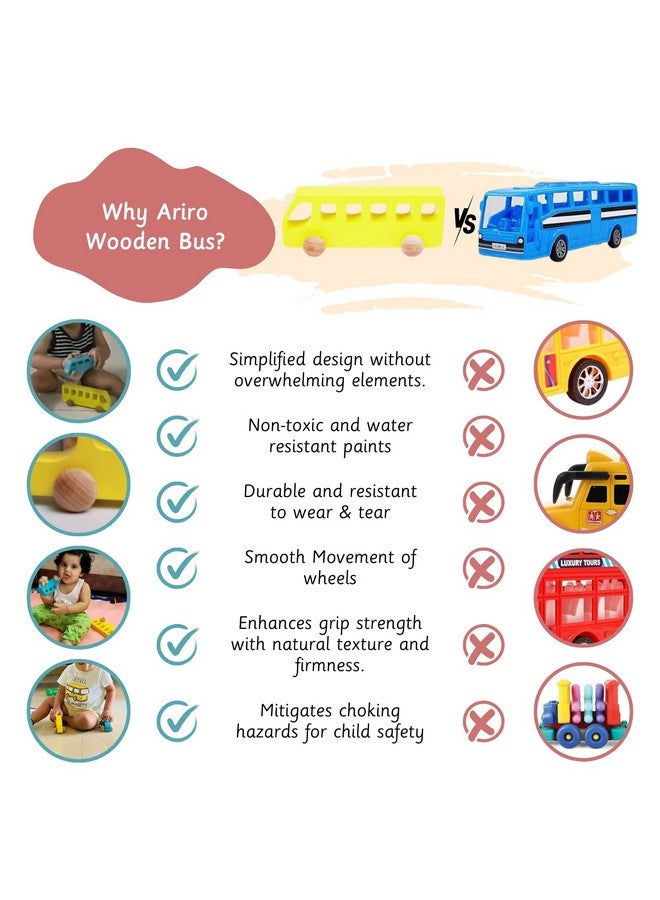 Ariro Wooden Bus for Toddlers and Infants | Push Wooden Vehicle Toy with Smooth and Sturdy Wheels | for 6M to 3Yrs Old | Helps in Hand-Eye Coordination, Problem Solving & Grip Strength - Image 3