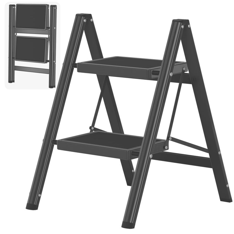 DIAMONDFORGE 2 Step Ladder, Folding Step Stool with Anti-Slip Wide Pedal, Anti-Slip Feet, Sturdiest Steel Construction, Steel Ladder for Home and Office, Black - Image 1