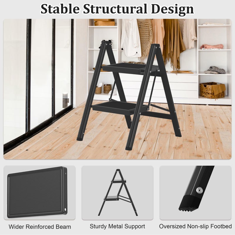 DIAMONDFORGE 2 Step Ladder, Folding Step Stool with Anti-Slip Wide Pedal, Anti-Slip Feet, Sturdiest Steel Construction, Steel Ladder for Home and Office, Black - Image 3