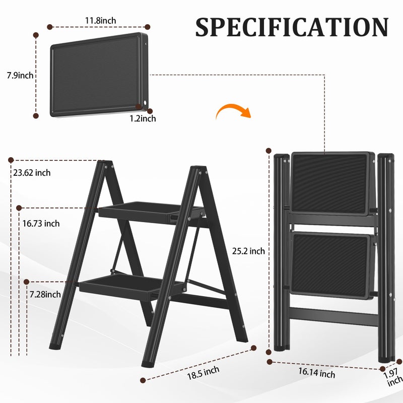 DIAMONDFORGE 2 Step Ladder, Folding Step Stool with Anti-Slip Wide Pedal, Anti-Slip Feet, Sturdiest Steel Construction, Steel Ladder for Home and Office, Black - Image 2