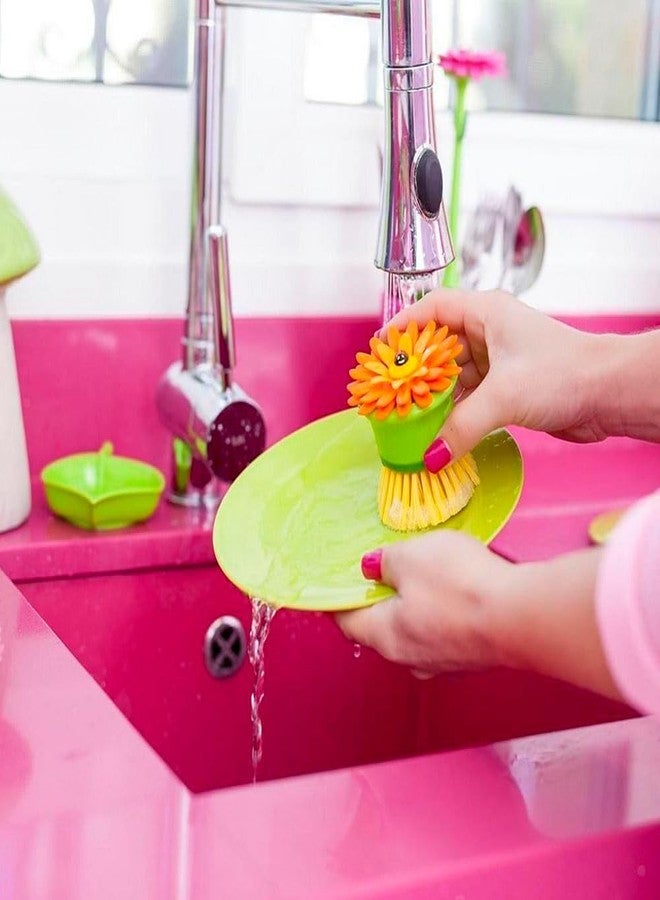 فايجر فرشاة تنظيف أطباق فيجار على شكل زهرة النخيل مع حامل، فرشاة مطبخ مثالية للأطباق، وفرشاة حوض الغسيل، وفرش تنظيف للاستخدام المنزلي، برتقالي، أخضر - Image 2